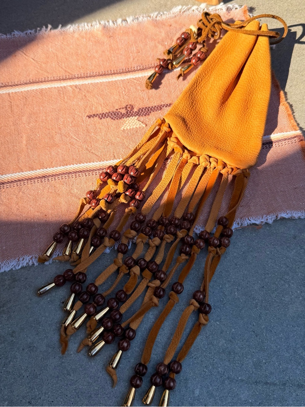 Vintage Fringe Leather prayer pouch— Camel Brown with Wooden Bead Tassels